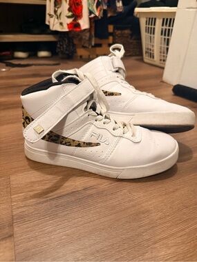 Fila Women’s White High-Top Sneakers with Leopard Accent